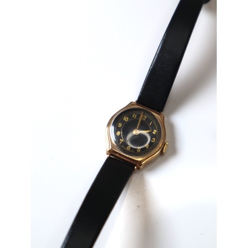 124 - Vintage 9ct Yellow gold Dennison Ladies Cocktail Watch with Black leather strap