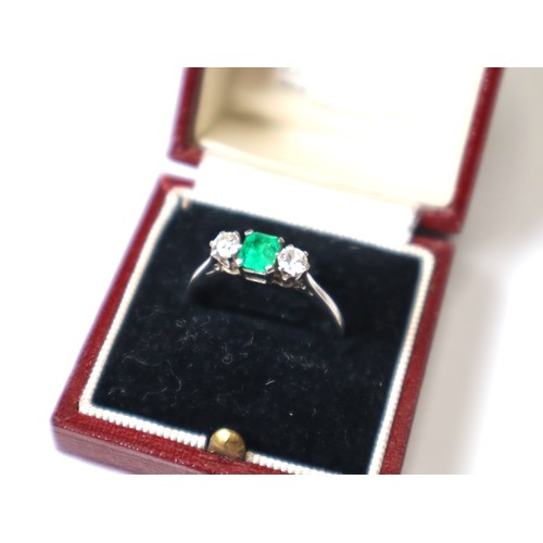 129 - Diamond and Emerald Platinum Trilogy Ring - 3.6g