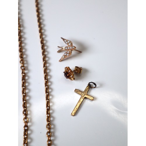 132 - 9ct yellow gold earrings and cross 3.8g + 15ct yellow gold chain 10.6g