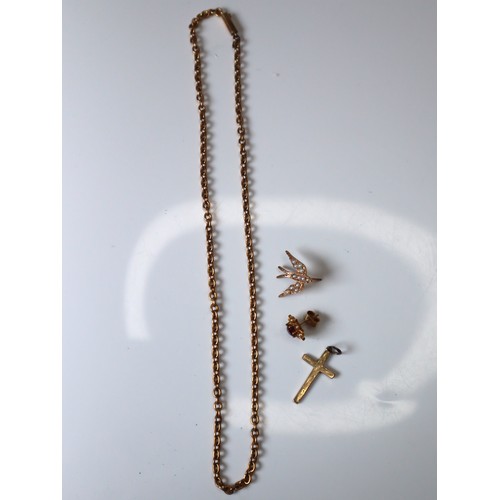 132 - 9ct yellow gold earrings and cross 3.8g + 15ct yellow gold chain 10.6g