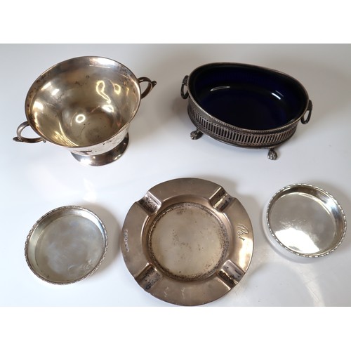 140 - Sterling Silver twin handled bowl, two condiment dishes, Bristol Blue lined footed serving bowl + as... 