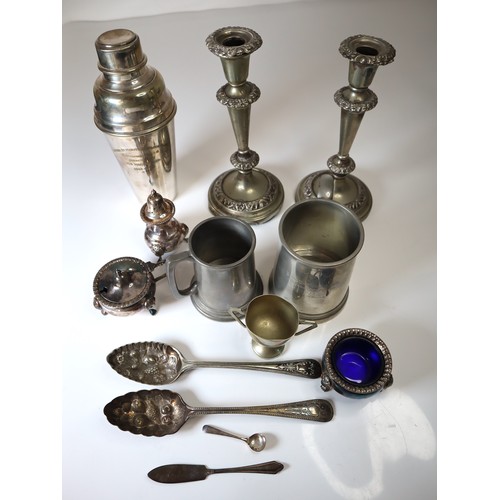 144 - Quantity of Silver Plate Service wares + candlestick holders & Pewter Tankards