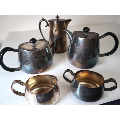 145 - Mappin & Webb Silver Plate Teapots, Milk Pourers, large salver / tray + Boxed glass tray