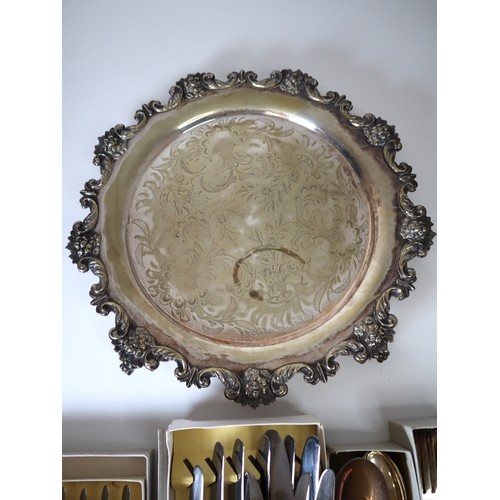 146 - Silver plated cutlery + footed pie crust salver