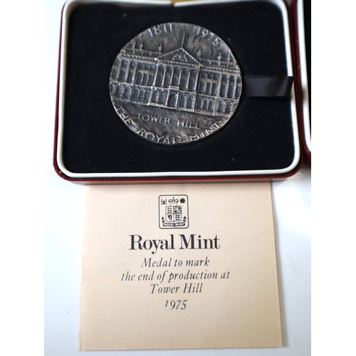 153 - Two Royal Mint Sterling Silver Medals to Mark the end of production at Tower Hill 1975 in original c... 