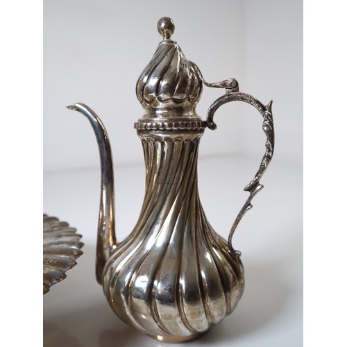 159 - Silver Middle Eastern Coffee Pot and pedestal spiral dish - 900 Hollow Handle marks - 988g