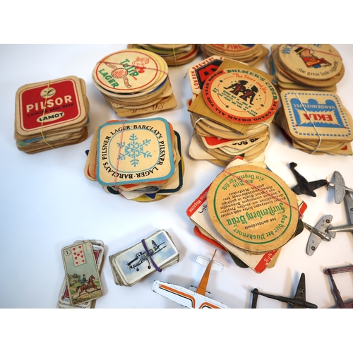 285 - Collection of vintage 1970-80's beer mats, dinky & corgi die-cast planes + cigarette / gum cards + f... 