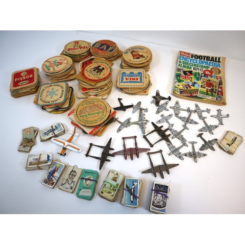 285 - Collection of vintage 1970-80's beer mats, dinky & corgi die-cast planes + cigarette / gum cards + f... 