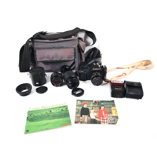 291 - Canon T50 35mm SLR Camera + lenses Canon FD 50mm f1.8 + Super Paragon f4.5 80-200mm/ flash and carry... 