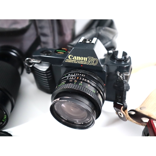 291 - Canon T50 35mm SLR Camera + lenses Canon FD 50mm f1.8 + Super Paragon f4.5 80-200mm/ flash and carry... 