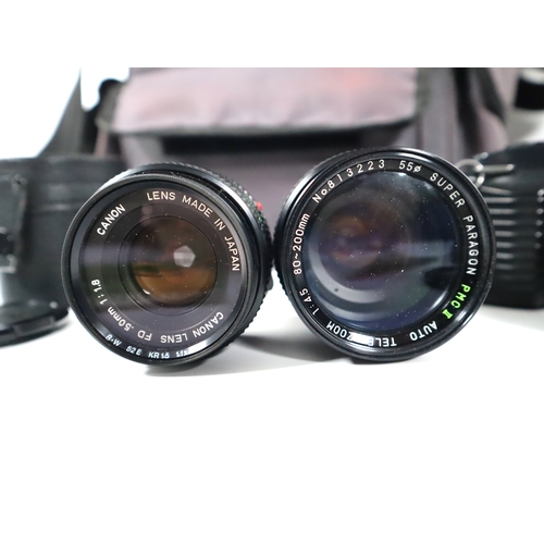 291 - Canon T50 35mm SLR Camera + lenses Canon FD 50mm f1.8 + Super Paragon f4.5 80-200mm/ flash and carry... 