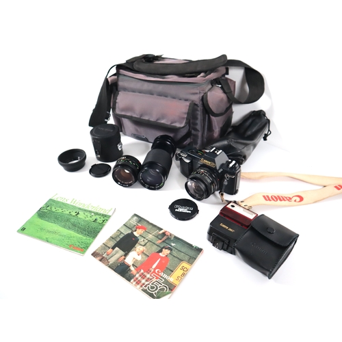 291 - Canon T50 35mm SLR Camera + lenses Canon FD 50mm f1.8 + Super Paragon f4.5 80-200mm/ flash and carry... 