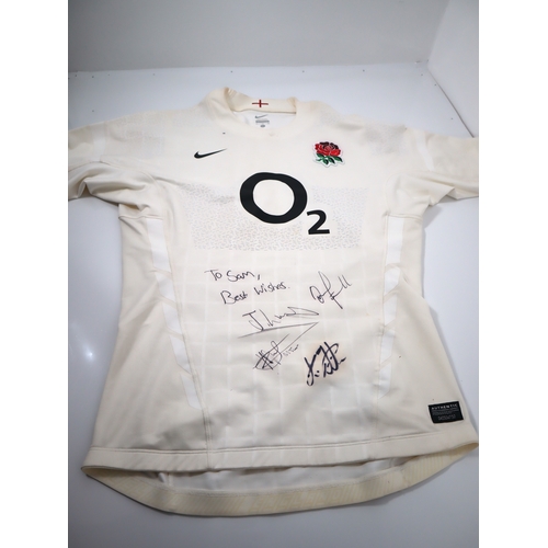 171 - England rugby shirt signed by ‘Owen Farrell, Manu Tuilagi, Chris Robshaw and Joe Launchbury’ + white... 