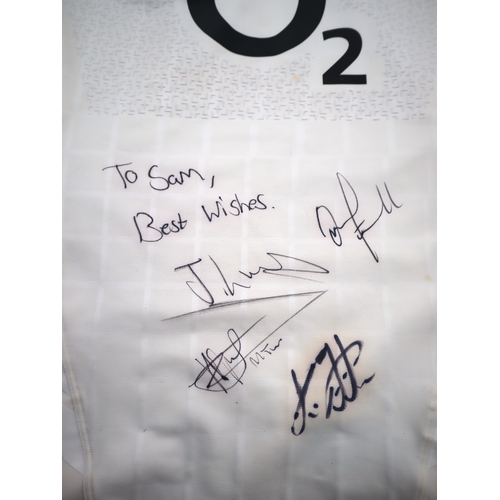 171 - England rugby shirt signed by ‘Owen Farrell, Manu Tuilagi, Chris Robshaw and Joe Launchbury’ + white... 