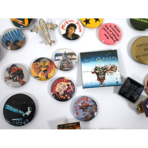 177 - Collection fo 1980's-90's collectable pin badges various genres, including Iron Maiden, Coca Cola, L... 