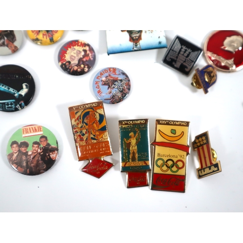 177 - Collection fo 1980's-90's collectable pin badges various genres, including Iron Maiden, Coca Cola, L... 