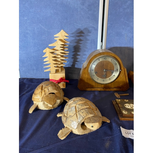 634 - Wooden collectables including a mantle clock