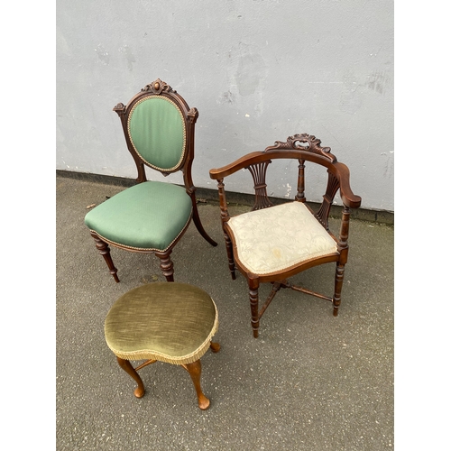 706 - Antique corner chair, side chair and foot stool