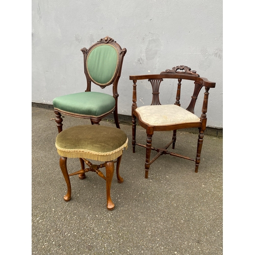 706 - Antique corner chair, side chair and foot stool