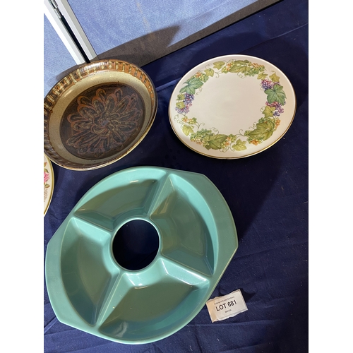 681 - Poole Serving platter, Two Royal Worcester cheese boards and a decorative stoneware bowl.