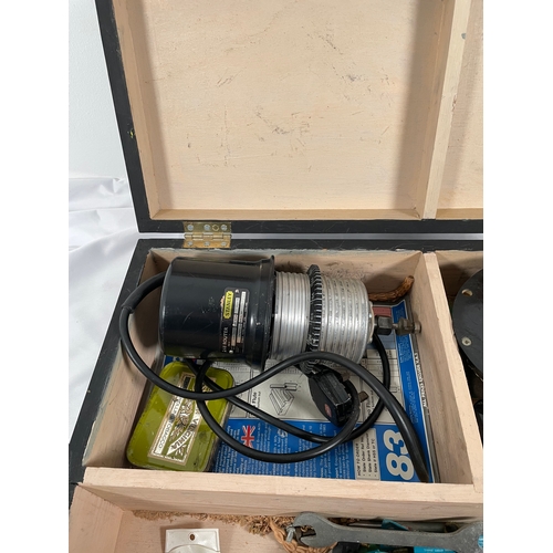 652 - Stanley 268 Router, Router bits and wooden tool box.