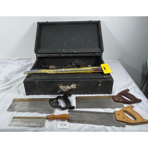 653 - Wooden tool box with contents including Saws