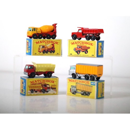 76 - Lesney Matchbox Series - 21d - Foden Concrete Truck - Yellow, 28d - Mack Dumper - Orange, 70b - Ford... 