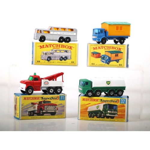 79 - Lesney Matchbox Series -  66c - Greyhound Bus - Silver - Grey Logo, 60b - Site Hut Truck - Blue, Sup... 