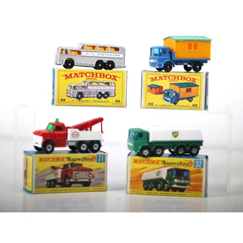 79 - Lesney Matchbox Series -  66c - Greyhound Bus - Silver - Grey Logo, 60b - Site Hut Truck - Blue, Sup... 