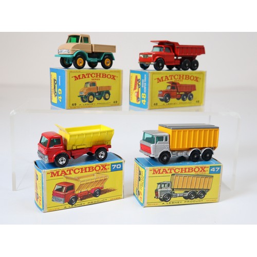 80 - Lesney Matchbox Series - 49b - Mercedes Unimog - Brown, 48c - Dodge Truck - Red (BPW), 70b - Ford Gr... 