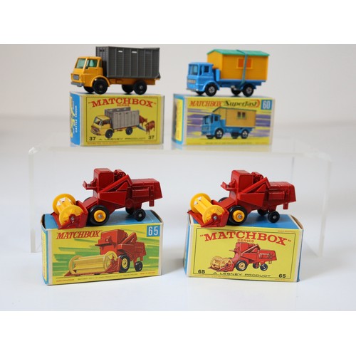 83 - Lesney Matchbox Series - Dodge Cattle Truck - Yellow/Grey , 60b - Site Hut Truck - Blue, 65c - Claas... 