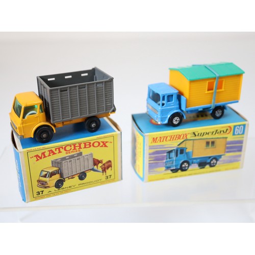 83 - Lesney Matchbox Series - Dodge Cattle Truck - Yellow/Grey , 60b - Site Hut Truck - Blue, 65c - Claas... 