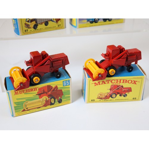 83 - Lesney Matchbox Series - Dodge Cattle Truck - Yellow/Grey , 60b - Site Hut Truck - Blue, 65c - Claas... 