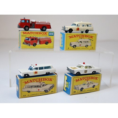 84 - Lesney Matchbox Series - 29c - Fire Pump Truck - Red, 3c - Mercedes Ambulance - Cream , 54b - Cadill... 