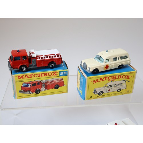 84 - Lesney Matchbox Series - 29c - Fire Pump Truck - Red, 3c - Mercedes Ambulance - Cream , 54b - Cadill... 