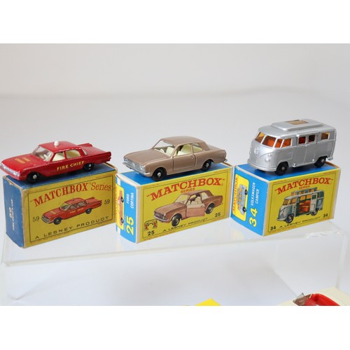 86 - Lesney Matchbox Series - 59b - Ford Fairlane Fire Chief - Red, 25d - Ford Cortina Mk 2 - Metallic Br... 