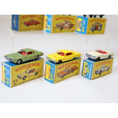 86 - Lesney Matchbox Series - 59b - Ford Fairlane Fire Chief - Red, 25d - Ford Cortina Mk 2 - Metallic Br... 