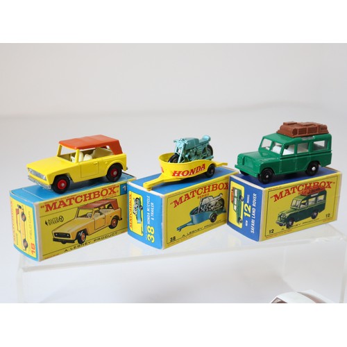 88 - Lesney Matchbox Series - 18e - Field Car - Yellow (red wheels), 38c - Honda Motorcycle and Trailer -... 