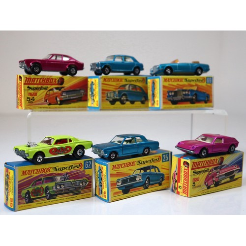 93 - Lesney Matchbox Superfast - 54c - Ford Capri - Purple, 64b - MG 1100 - Metallic Blue, 69c - Rolls Ro... 