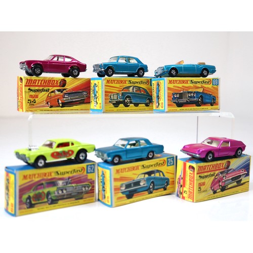 93 - Lesney Matchbox Superfast - 54c - Ford Capri - Purple, 64b - MG 1100 - Metallic Blue, 69c - Rolls Ro... 