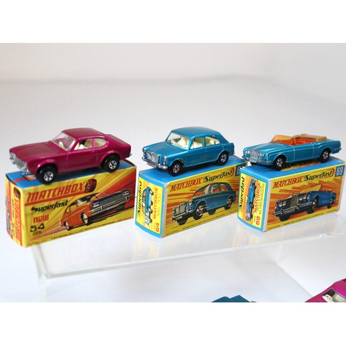 93 - Lesney Matchbox Superfast - 54c - Ford Capri - Purple, 64b - MG 1100 - Metallic Blue, 69c - Rolls Ro... 