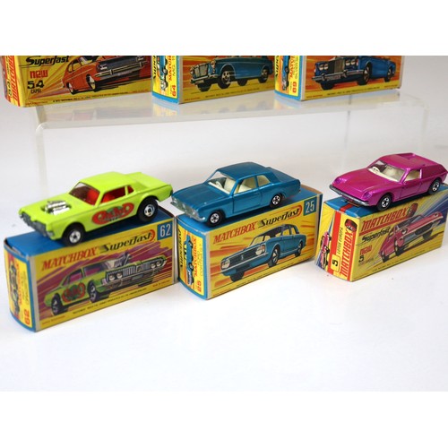 93 - Lesney Matchbox Superfast - 54c - Ford Capri - Purple, 64b - MG 1100 - Metallic Blue, 69c - Rolls Ro... 