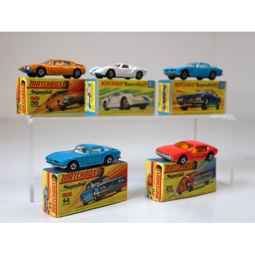 94 - Lesney Matchbox Superfast - 56c - Pininfarina - Orange, 41c - Ford GT - White, 14d - Iso Grifo - Lig... 