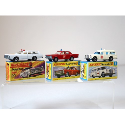 96 - Lesney Matchbox Superfast - 55c - Ford Galaxie Police Car - White,  59c - Ford Galaxie Fire Chief - ... 