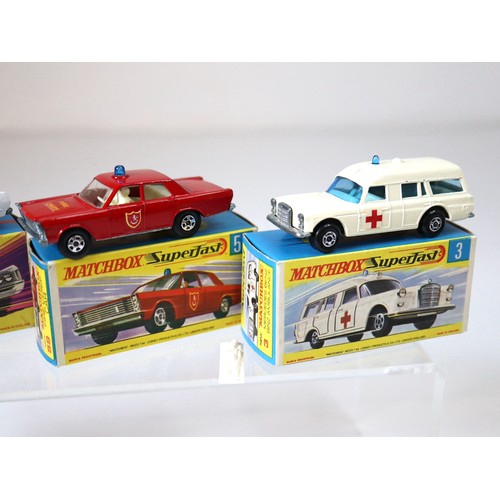 96 - Lesney Matchbox Superfast - 55c - Ford Galaxie Police Car - White,  59c - Ford Galaxie Fire Chief - ... 