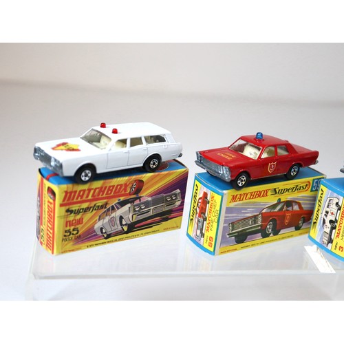 96 - Lesney Matchbox Superfast - 55c - Ford Galaxie Police Car - White,  59c - Ford Galaxie Fire Chief - ... 