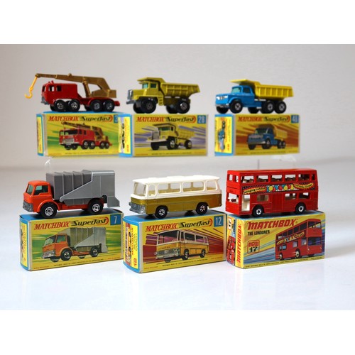 99 - Lesney Matchbox Superfast - 30c - 8 Wheel Crane Truck - Red/Gold, 28d - Mack Dumper - Lime Green, 48... 