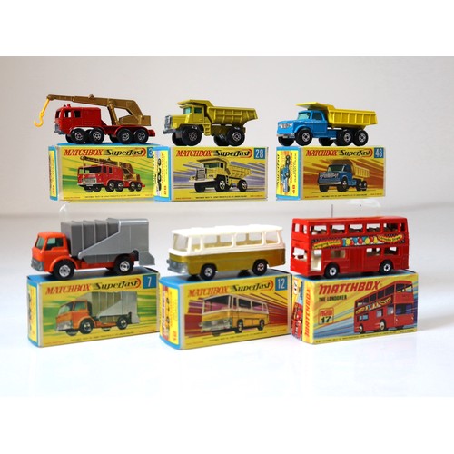 99 - Lesney Matchbox Superfast - 30c - 8 Wheel Crane Truck - Red/Gold, 28d - Mack Dumper - Lime Green, 48... 