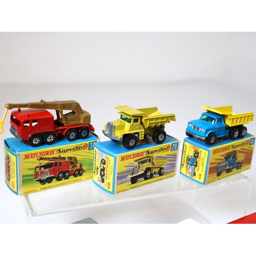 99 - Lesney Matchbox Superfast - 30c - 8 Wheel Crane Truck - Red/Gold, 28d - Mack Dumper - Lime Green, 48... 