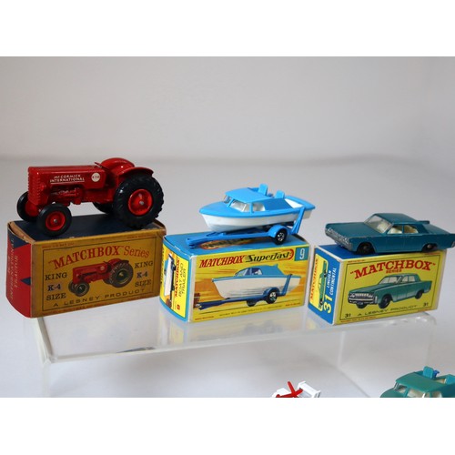 99B - Lesney Matchbox K-4 King Size International Tractor, Superfast 9 boat & Traiker (2), 31 Lincoln Cont... 